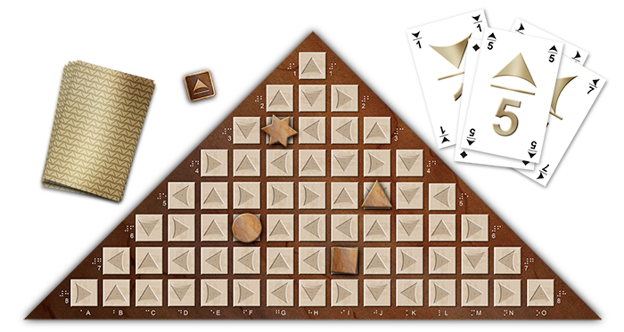 Photoshop-drawing of the board with 64 game stones, 4 pawns, the die and 36 cards.