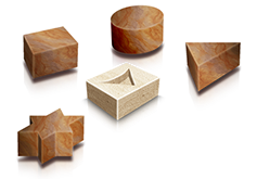 Drawing of the 4 pawns (round, square, triangular and star-shaped) and a game stone with direction arrow (shown as depression).